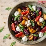 Overhead view of roasted beetroot salad with whipped goat cheese, blood orange, pistachios, and arugula in a ceramic bowl