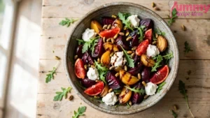Overhead view of roasted beetroot salad with whipped goat cheese, blood orange, pistachios, and arugula in a ceramic bowl
