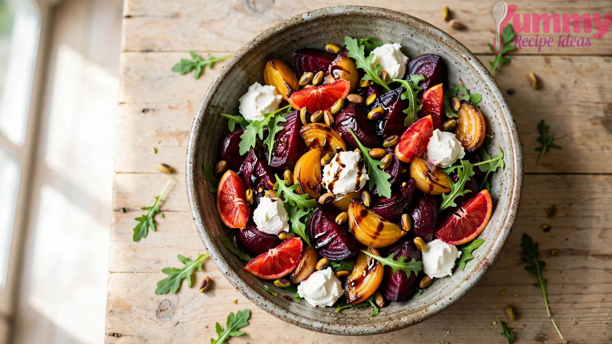 Overhead view of roasted beetroot salad with whipped goat cheese, blood orange, pistachios, and arugula in a ceramic bowl