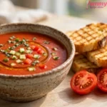 chilled red gazpacho in bowl with olive oil, basil, griddled toasts