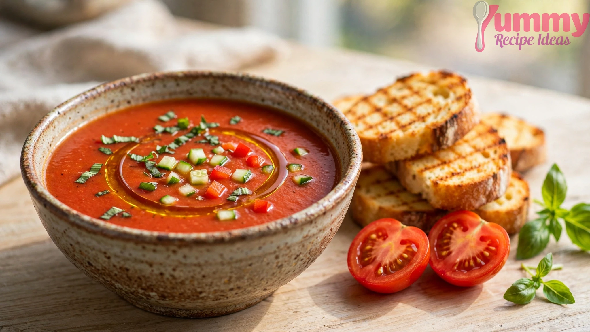 chilled red gazpacho in bowl with olive oil, basil, griddled toasts