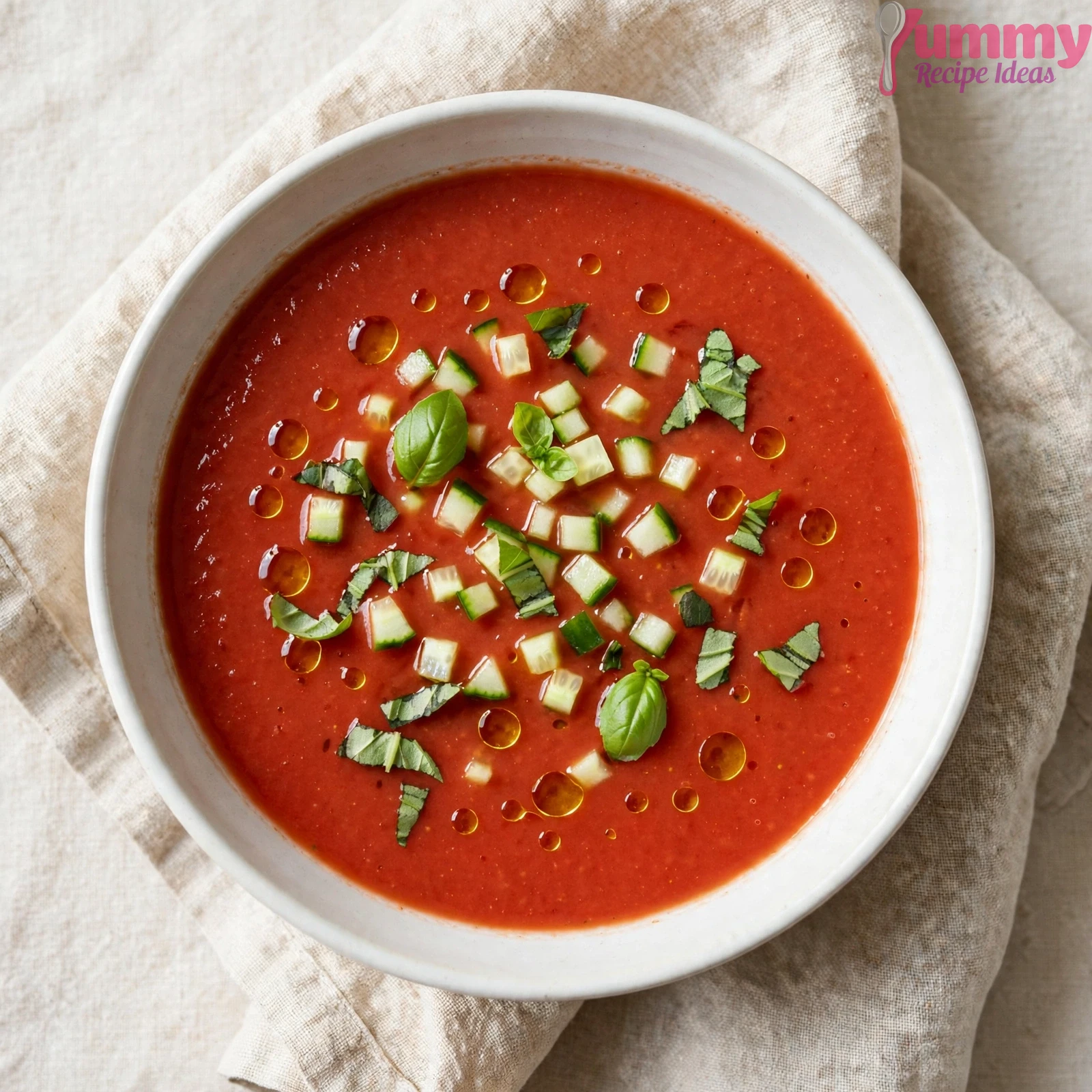 close-up of silky gazpacho texture with olive oil and basil