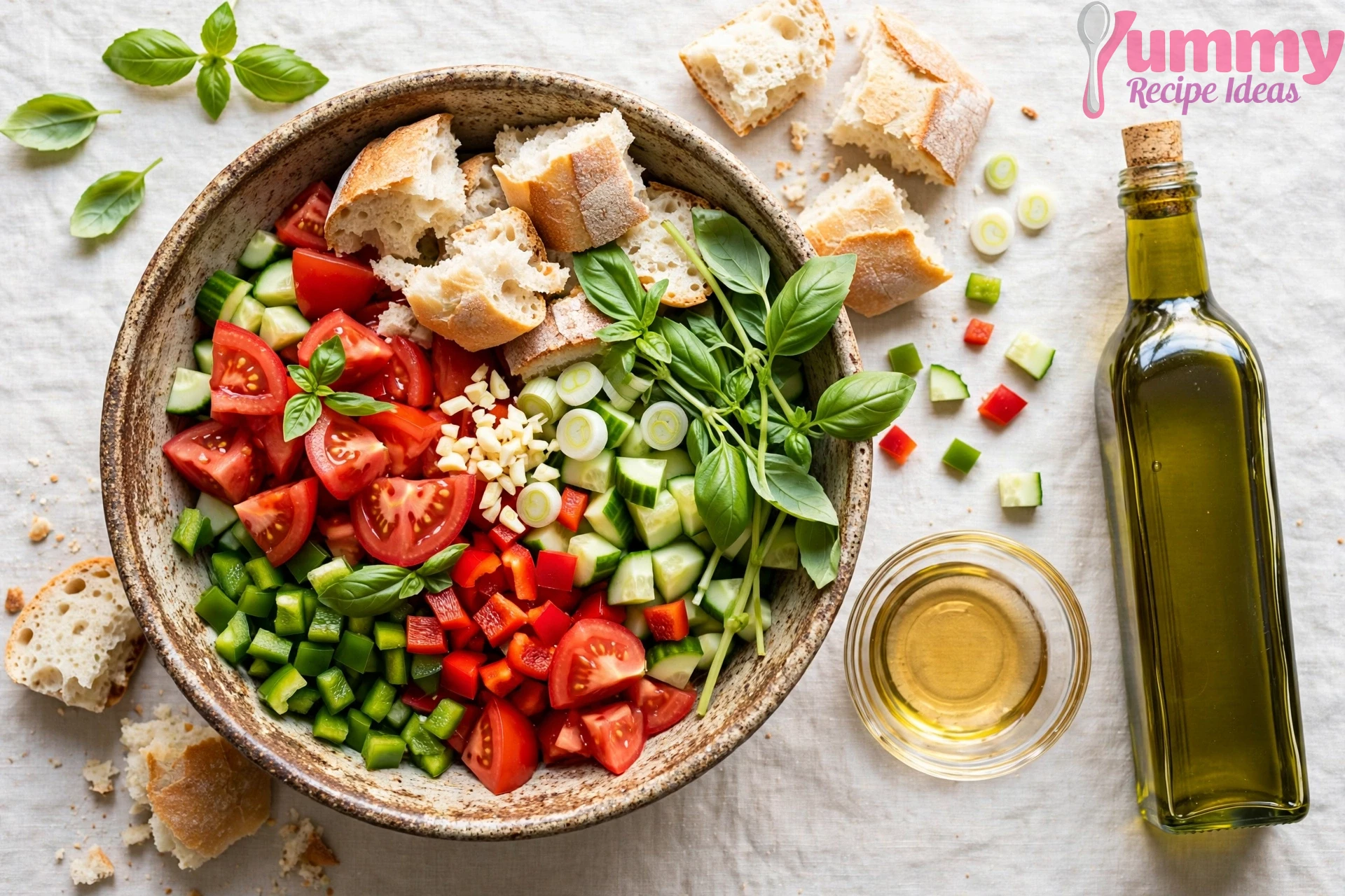 gazpacho ingredients — tomatoes, peppers, cucumber, bread, basil in bowl