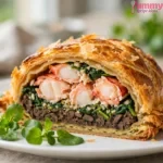 sliced lobster wellington showing lobster meat, spinach, duxelle in golden pastry