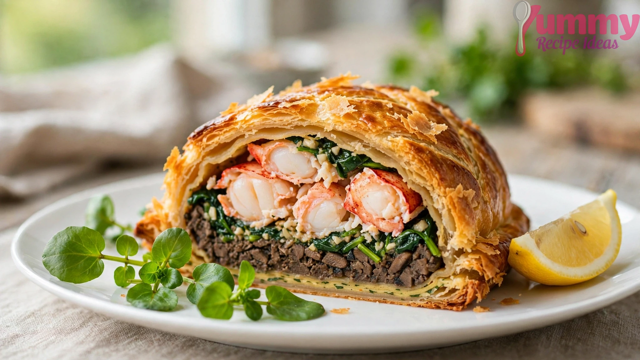 sliced lobster wellington showing lobster meat, spinach, duxelle in golden pastry