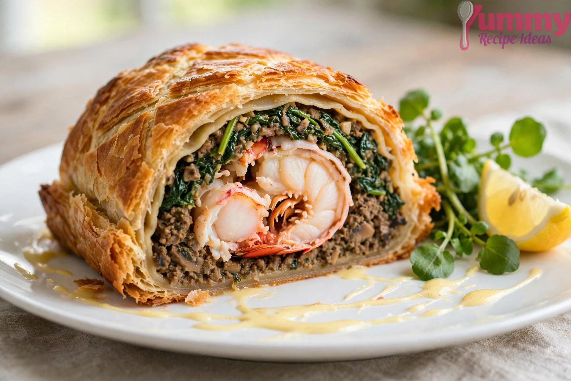 plated slice of lobster wellington with hollandaise, watercress and lemon