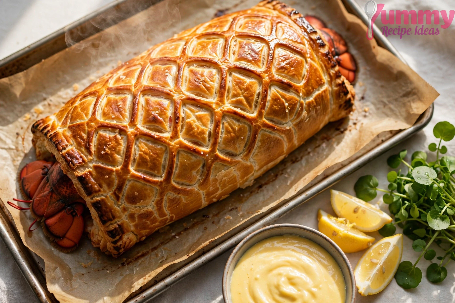 whole golden baked lobster wellington on baking sheet