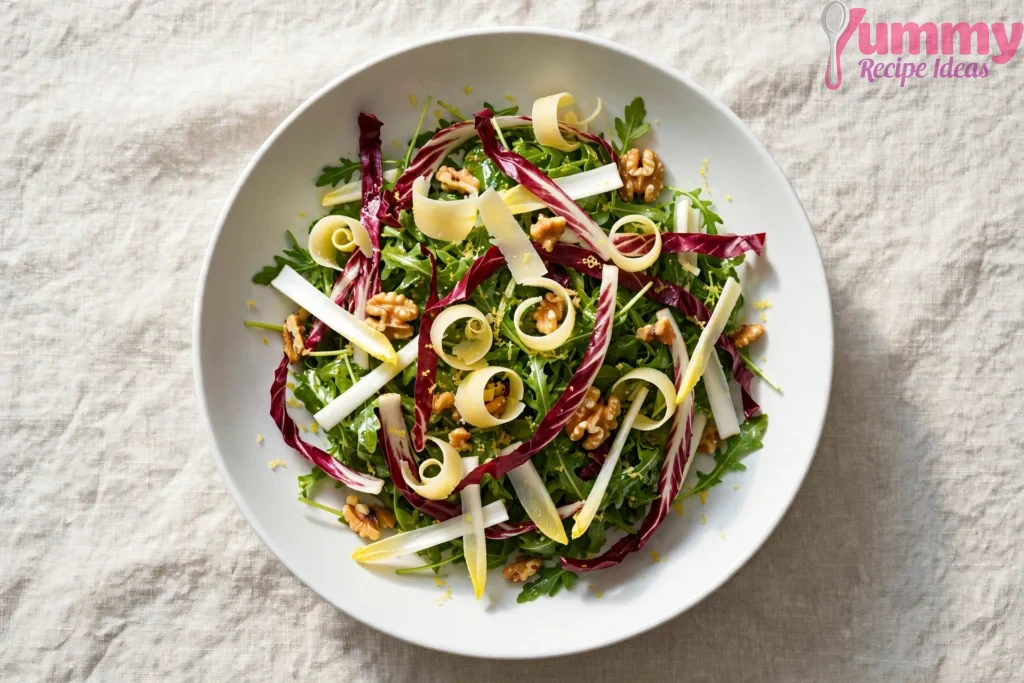 Overhead view of Italian rocket salad with arugula, radicchio, endive, toasted walnuts, and shaved Parmesan in a white bowl